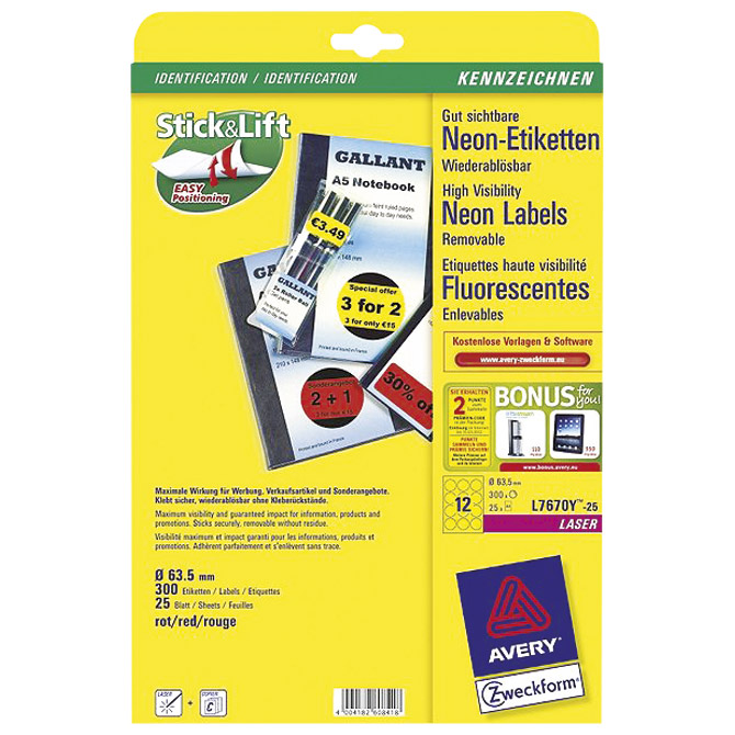 Etikete okrugle ¤  63,5mm neon crvene ZWECKFORM 7670R  300/1