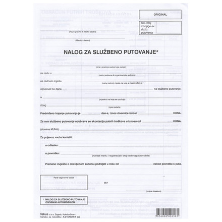 Obrazac NALOG ZA SLUŽBENO PUTOVANJE A-210A/NCR (za osobni automobil)