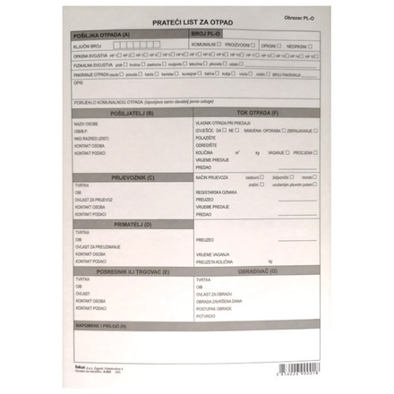 Obrazac PRATEĆI LIST ZA OTPAD A-824 PL-O set 100/1