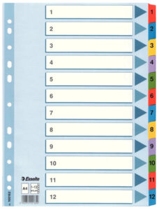 Pregrade kartonske brojevi 1-12 A4 ESSELTE 100162 razne boje 12/1