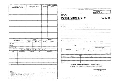 Obrazac PUTNI RADNI LIST za putničko motorno vozilo (NCR 50l)