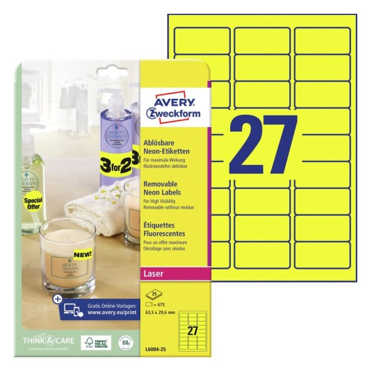 10970 Etikete  63,5 x  29,6 mm neon žute ZWECKFORM 6004-25 675/1 (25l)