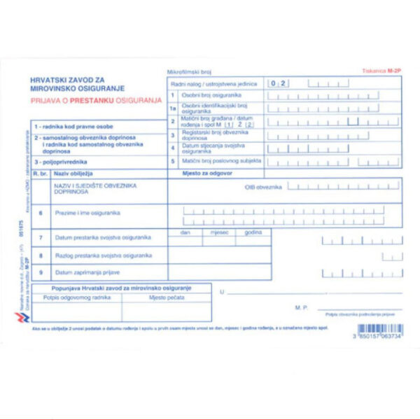 Obrazac PRIJAVA O PRESTANKU OSIGURANJA M-2P